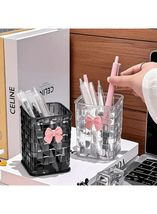 Clear Plastic Pen Holder Pink Bow Decoration Multifunctional Makeup Brush Organizer Vanity Desk Accessory Transparent Storage Solution - Image 4