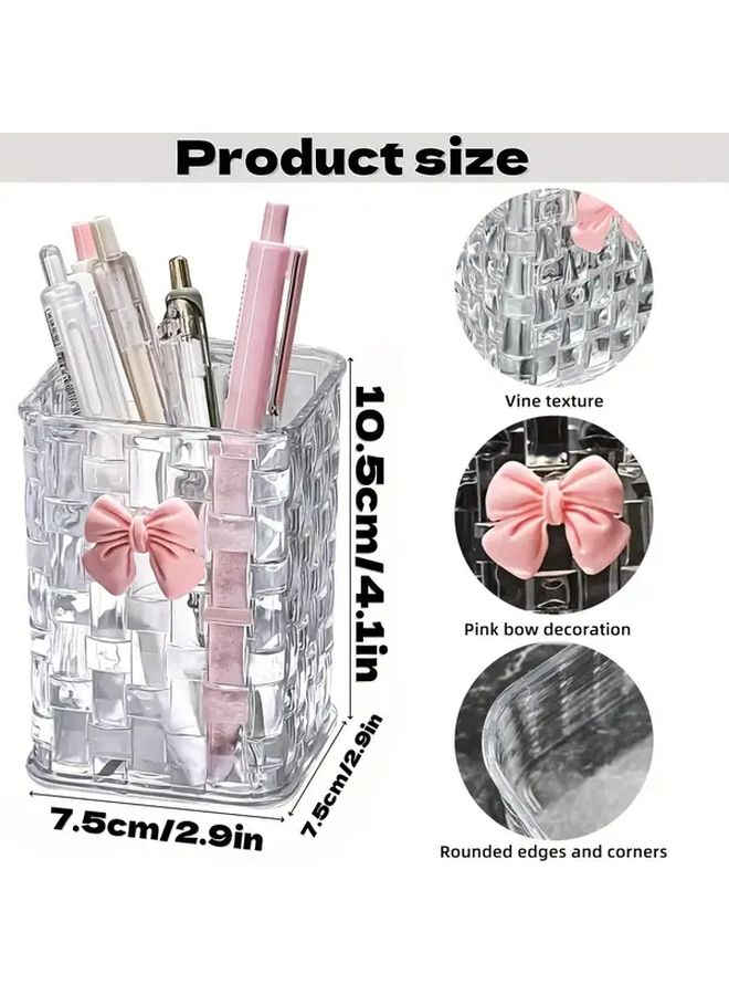 Clear Plastic Pen Holder Pink Bow Decoration Multifunctional Makeup Brush Organizer Vanity Desk Accessory Transparent Storage Solution - Image 5