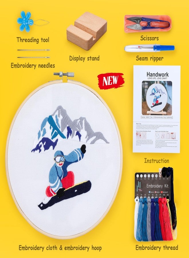 BERYA Embroidery Kit for Adult Beginners,Skiers Snow Mountain Embroidery Kit with Step-by-Step Instructions & Video,Printed Cloth,7.87" Hoop,Display Stand,Color Threads and Tools for Craft Lover(BES011) - Image 2