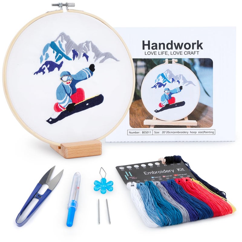 BERYA Embroidery Kit for Adult Beginners,Skiers Snow Mountain Embroidery Kit with Step-by-Step Instructions & Video,Printed Cloth,7.87" Hoop,Display Stand,Color Threads and Tools for Craft Lover(BES011) - Image 1