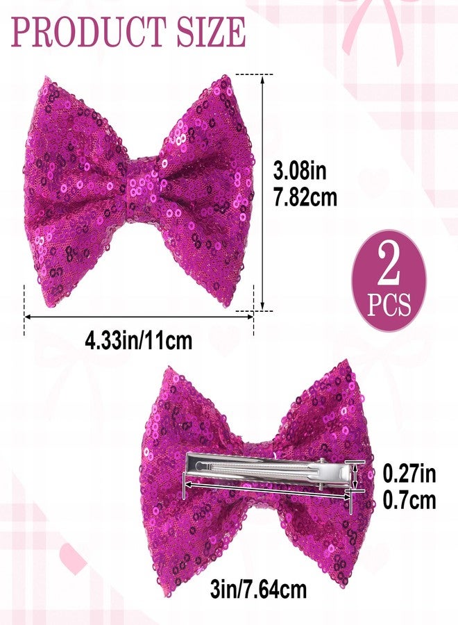 Winsyison 2pcs Hot Pink Glitter Bow Clip, Sparkly Alligator Hair Bow Clips for Women, Bling Sequin Bowknot Barrette Hair Accessories for Party Birthday Wedding - Image 2