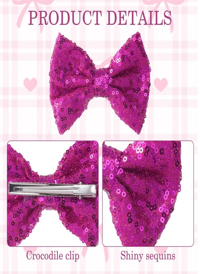 Winsyison 2pcs Hot Pink Glitter Bow Clip, Sparkly Alligator Hair Bow Clips for Women, Bling Sequin Bowknot Barrette Hair Accessories for Party Birthday Wedding - Image 3
