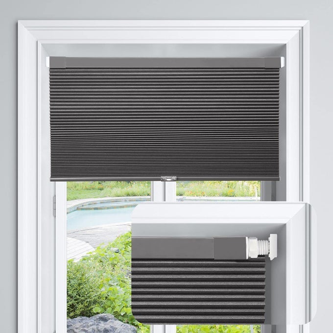CORDLESS CELLULAR SHADES NO TOOLS NO DRILL BLACKOUT HONEYCOMB SHADES PLEATED BLINDS FOR WINDOWS 33 W X 64 H MIDNIGHT BLACK