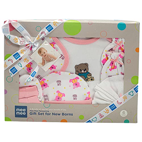 Mee Mee New Born Baby Gift Set | Soft Cotton Clothing Essentials for Infants/Baby Girls, Boys | Baby Shower Clothing Hamper (5 Pieces, Pink)| Ideal Gift for New Born Baby - Image 1