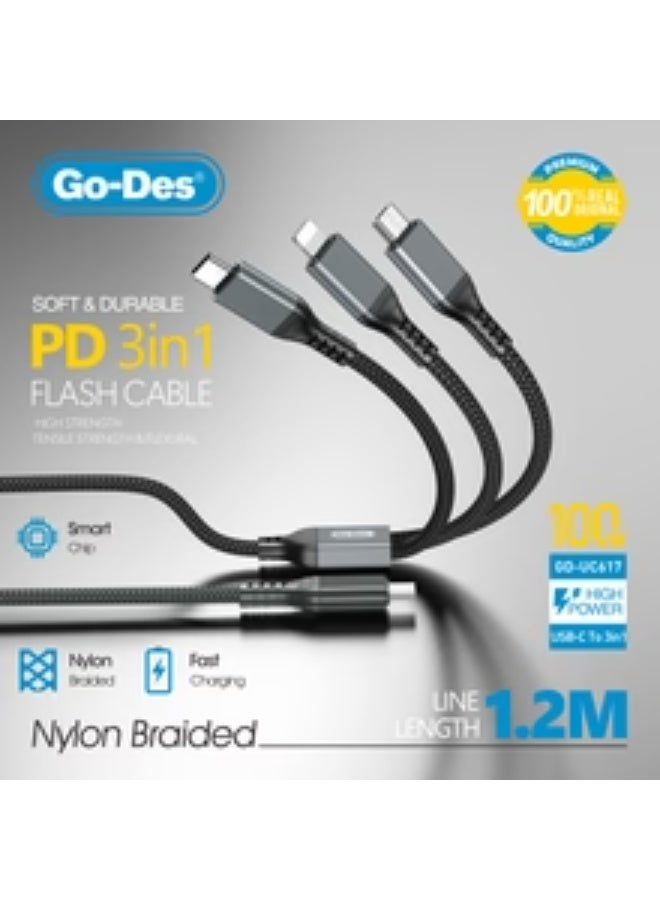 Go-Des PD 3in1 Flash Cable 100W Fast Charging Nylon Braided 1.2M for USB-C and iPhone Devices - Image 2