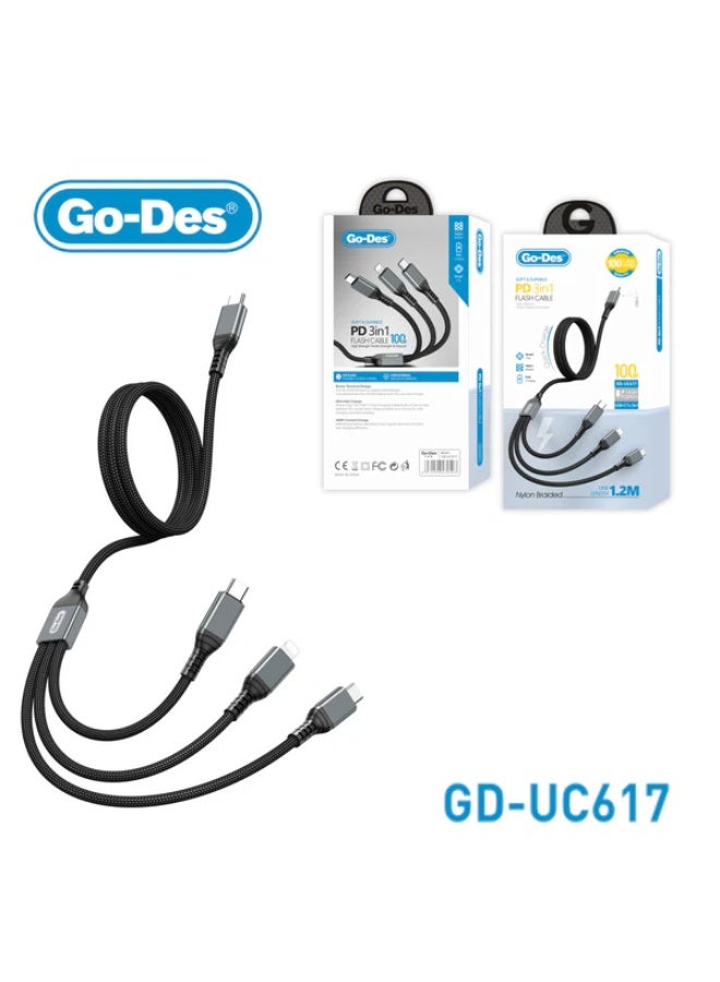 Go-Des PD 3in1 Flash Cable 100W Fast Charging Nylon Braided 1.2M for USB-C and iPhone Devices - Image 3
