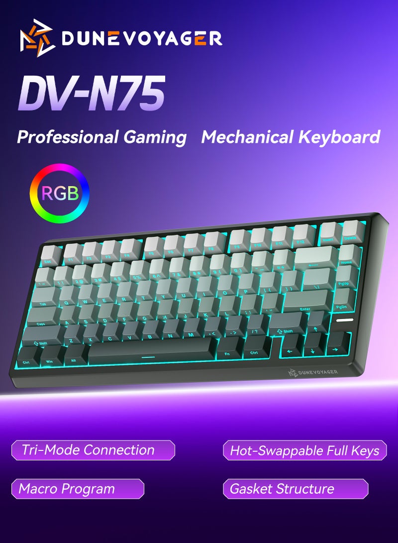 DuneVoyager DV-N75 75% Mechanical Keyboard with Triple-Mode Pads, 5-Layer Pads, Hot-Swap Support, RGB Backlighting, and Dedicated Macro Programming
