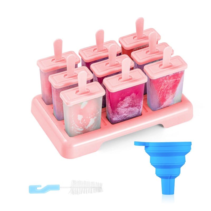 ANSMIO Ice Lolly Moulds 9 Popsicle Molds Ice Cream Moulds Reusable DIY Ideas Ice Lolly Stick  Comes with a Cleaning Brush and Silicone Folding FunnelNew Pink