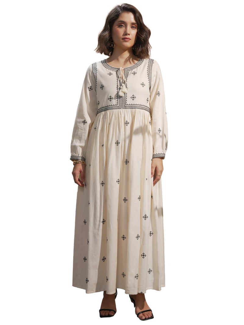 Vishudh Women Long Sleeve Round Neck Dress VVa1000099 Off White S - Image 1