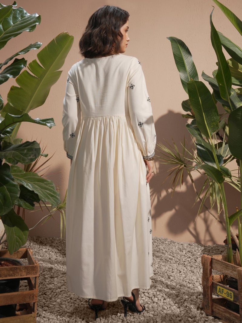 Vishudh Women Long Sleeve Round Neck Dress VVa1000099 Off White S - Image 3