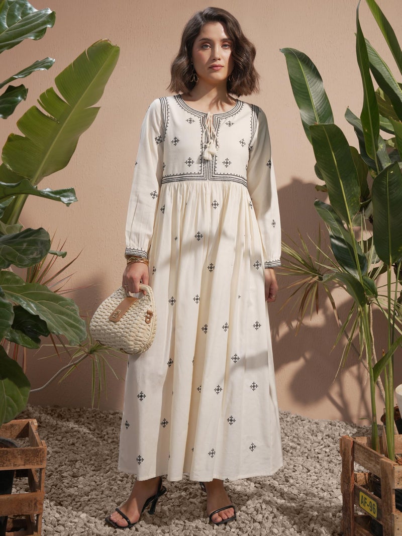 Vishudh Women Long Sleeve Round Neck Dress VVa1000099 Off White S - Image 2