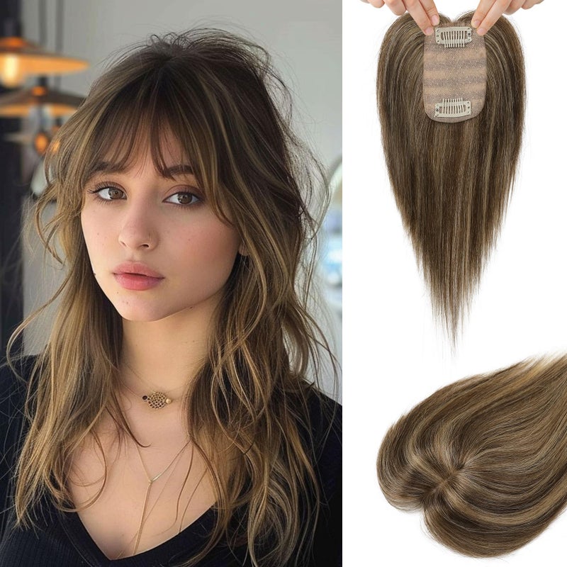 Flufymooz Real Human Hair Toppers for women 10 Inch Clip in Bangs 100 Human Hair Toppers for Thinning Hair Cover Hairpiece with 150 Density Silk BaseChocolate Brown with Blonde