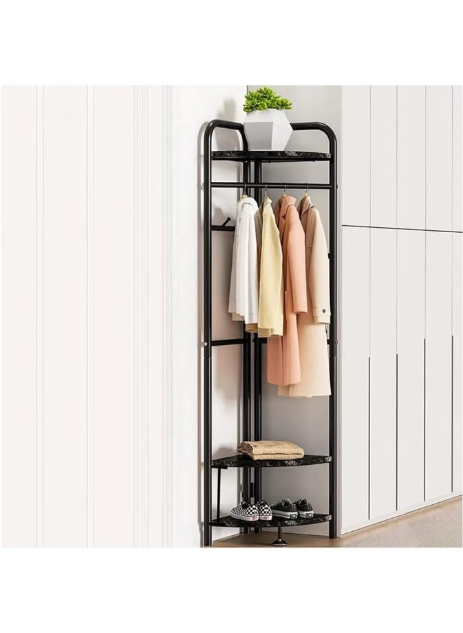 “Space-Saving Corner Closet Organizer – Freestanding Wardrobe Rack with Hanger Bar, Storage Tiers & Decorative Top Shelf for Plants and Baskets”