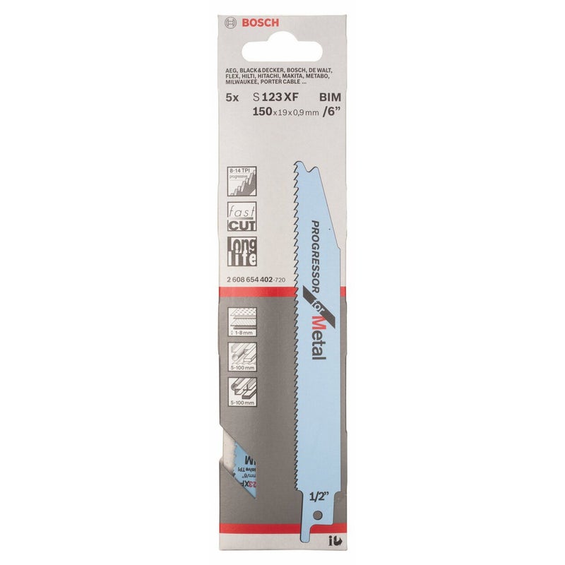 BOSCH Professional Reciprocating Saw Blades, For Metal, S123Xf, Blade Length 150Mm, For Regular-Strength Steel Pipes And Profiles Of Wall Thickness From 1Mm To 8Mm, Pack Of 5 - Image 2