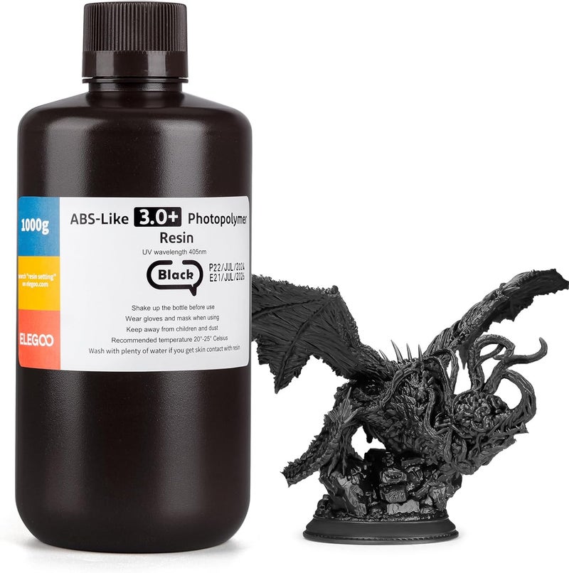 ELEGOO ABS-Like Resin 3.0+, Upgraded 3D Printer Photopolymer Resin, Higher Heat-Resistance Fast Curing High Precision Non-B Black 1000Gram - Image 1