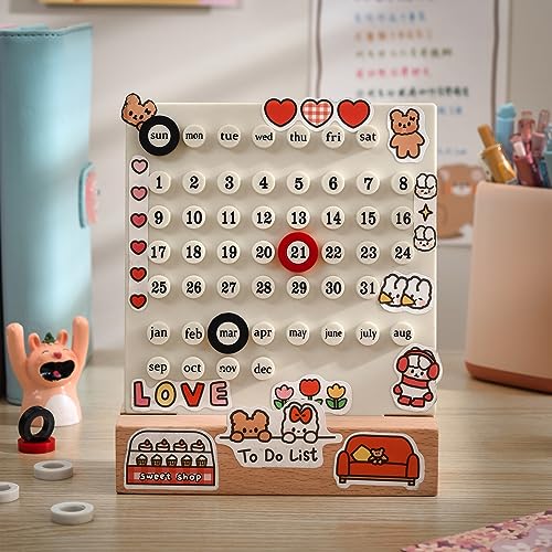 MEMORY FISH Wooden Desk Calendar Perpetual Calendar Retro Home Unique Gifts,Month Date Display, Desk Decorations for Office, Desk Accessories Aesthetic, Cute Desk Decor(Creamy white) - Image 2