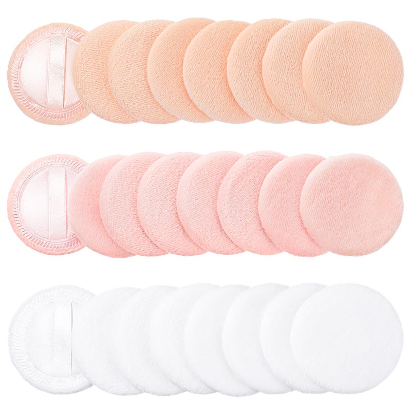 Dimeho 24Pcs Powder Puff Round Face Body Powder Puffs Makeup Velour Puff Pads with Strap for Loose and Pressed Powders Cosmetic Sponge Foundation Makeup Applicators for WomenWhiteFleshPink