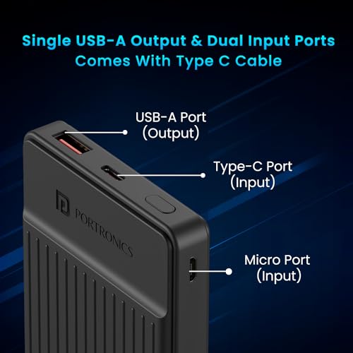 Portronics Luxcell B12 10,000mAh 12W Power Bank, Ultra Slim Power Bank with USB-A Output Port & Dual Input Ports (Micro & Type C) | BIS Certified |Type C Cable Included|Made in India(Dark Blue) - Image 3