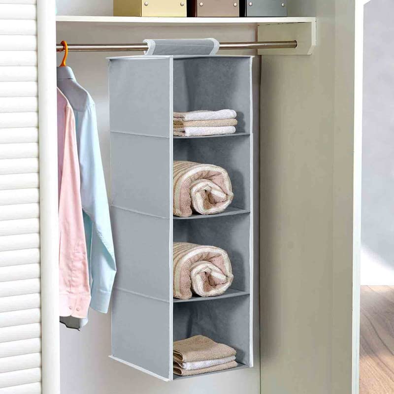 ACORMEK Non Woven Hanging 4 Shelves Foldable Wardrobe Closet Cloth Organizer Hanging Shelf Organizer Grey WoodEngineered WoodPack of 1 - Image 2