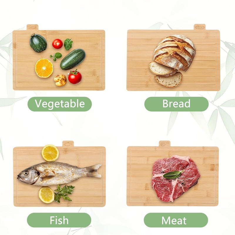 رينماي مجموعة ألواح تقطيع الخيزران مقاس 32x22 سم (4 قطع) - مجموعة ألواح تقطيع خشبية مع حامل، مجموعة ألواح تقطيع برموز طعام، أخدود عصير - مثالية لتقطيع اللحوم والأسماك والخبز والخضار والفواكه - Image 5