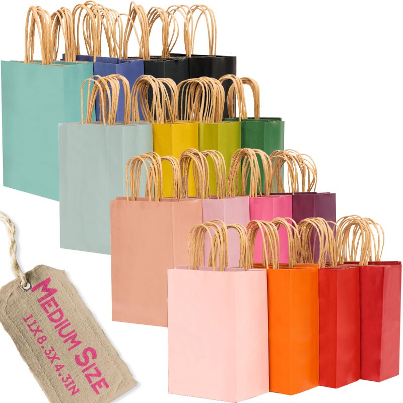 qiqee 100Pcs Medium Size Paper Gift Bags with Handles - 11"x8.3"x4.3" Kraft Small Party Bags - 16 Solid Colors - Image 1