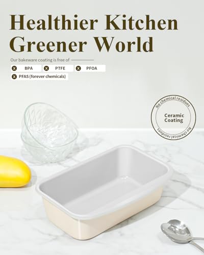 Ymiton NonStick Bread Loaf Pan 9x5 Inch Ceramic Coating Aluminized Steel Oven Safe to 550F Dishwasher Safe NonToxic PTFE PFOA Free Sunshine Cream - Image 3