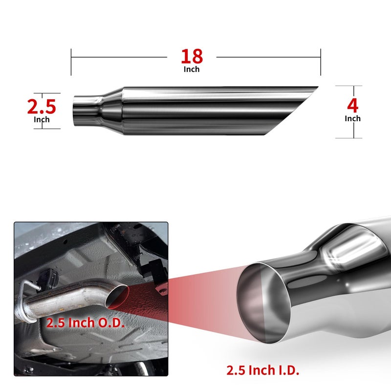 Richeer 2pcs 2.5 to 4 inch Exhaust Tip, 2 1/2" Inlet 4" Outlet 18" Overall Length Stainless Steel Exhaust Tip Universal for Vehicles with 2.5" O.D. Tailpipe, Weld On - Image 2