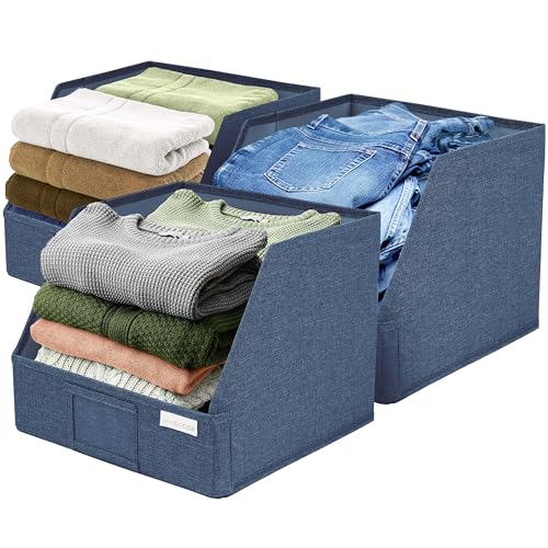 VIVIDECOR Open Front Trapezoid Storage Bins 12x12x10 – Easy Access Closet Shelf Organizer for Clothes, Towels, Fabric Baskets – Navy Blue, 3 Pack - Image 1
