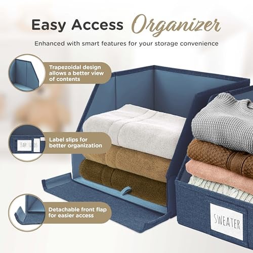 VIVIDECOR Open Front Trapezoid Storage Bins 12x12x10 – Easy Access Closet Shelf Organizer for Clothes, Towels, Fabric Baskets – Navy Blue, 3 Pack - Image 3