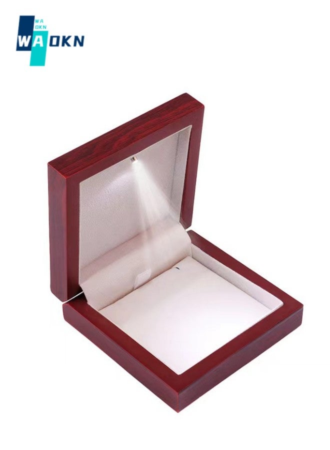WAOKN Solid Wood Necklace Jewelry Storage Box with Fill Light, Retro Wooden Pendant Box, Elegant Necklace Storage Box, Engagement Anniversary Valentine's Day Gift (Red)  - Image 1