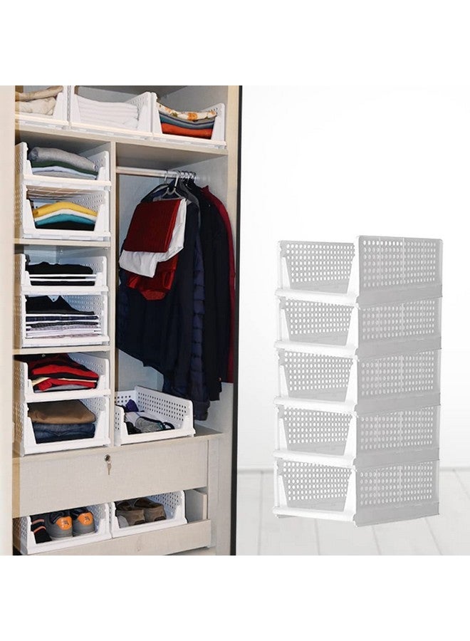 JEYANG Foldable Plastic Wardrobe Organizer - Stackable Storage Solution for Clothes, Ideal for Bathroom, Kitchen, and Bedroom Use (Pack of 5, White) - Image 1