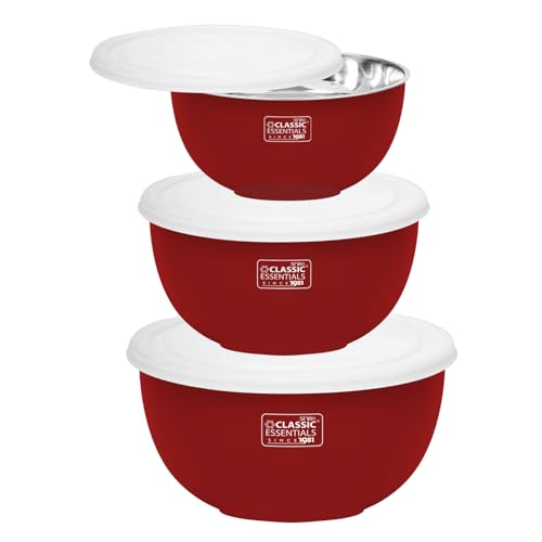 CLASSIC ESSENTIALS Stainless Steel Microwave Safe Mixing Bowls Set with Lid (Red) | Food Serving and Storage Containers | Scratch Resistant | Set of 3 (500 ml, 750 ml & 1250 ml) - Image 1