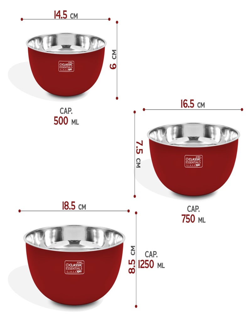 CLASSIC ESSENTIALS Stainless Steel Microwave Safe Mixing Bowls Set with Lid (Red) | Food Serving and Storage Containers | Scratch Resistant | Set of 3 (500 ml, 750 ml & 1250 ml) - Image 3