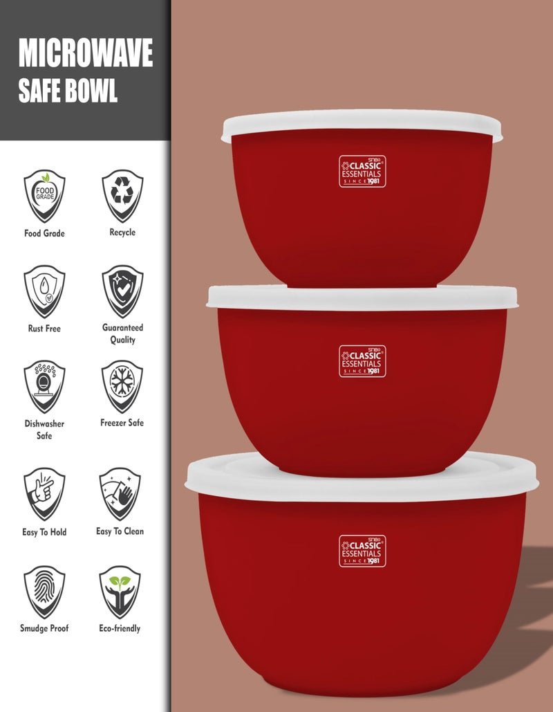 CLASSIC ESSENTIALS Stainless Steel Microwave Safe Mixing Bowls Set with Lid (Red) | Food Serving and Storage Containers | Scratch Resistant | Set of 3 (500 ml, 750 ml & 1250 ml) - Image 5