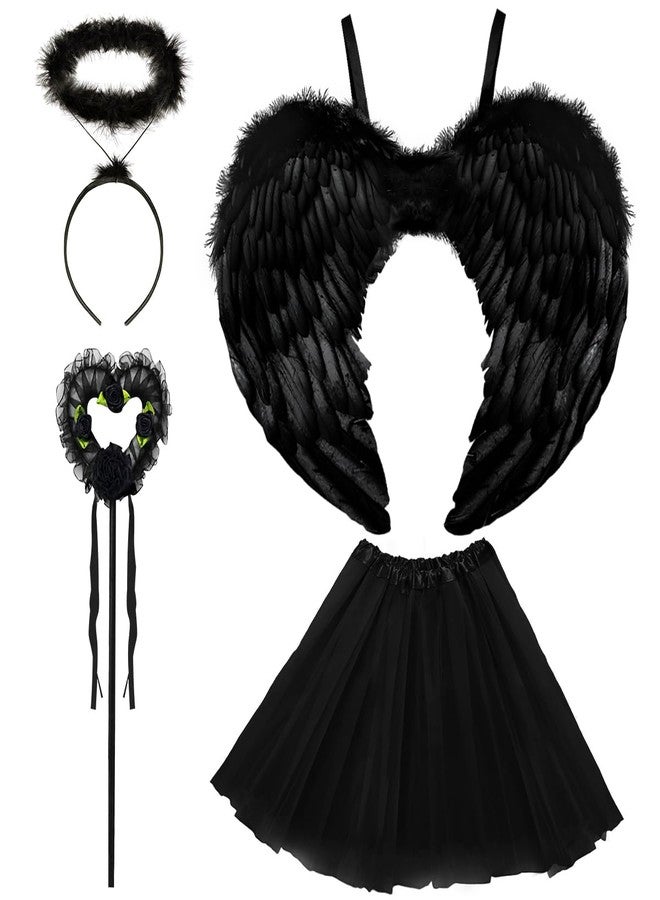 WILDPARTY Angel Costume Accessories for Women, Tulle Tutu Skirt, Angel Wings and Halo Wings and Halo Black Angel Costume for Women Photo Shoot Prop, Halloween Costume(Black-B), Standard - Image 1
