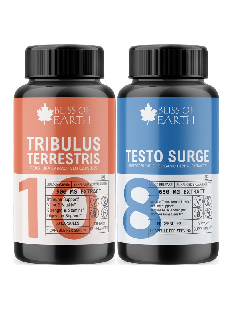BLISS OF EARTH Bliss of Earth Tribulus Terrestris Extract Supplement & Testo Surge Supplement Capsules For Energy Stamina & Muscle Growth Pack of 2  - Image 1