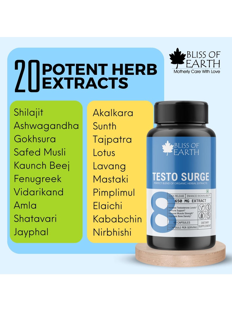 BLISS OF EARTH Bliss of Earth Tribulus Terrestris Extract Supplement & Testo Surge Supplement Capsules For Energy Stamina & Muscle Growth Pack of 2  - Image 3