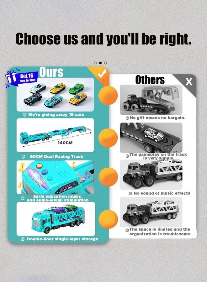Race Car Track Toy Truck Toy with Slots & Foldable Race Tracks Transport Car Carrier Toy for Toddlers Cars Toy Set Container Truck Toy with 16 Alloy Cars Vehicles Toy Set for 3+ Kids Boys Girls - Image 2