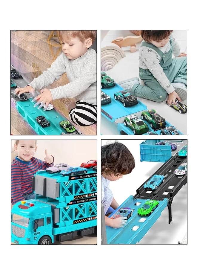 Race Car Track Toy Truck Toy with Slots & Foldable Race Tracks Transport Car Carrier Toy for Toddlers Cars Toy Set Container Truck Toy with 16 Alloy Cars Vehicles Toy Set for 3+ Kids Boys Girls - Image 5