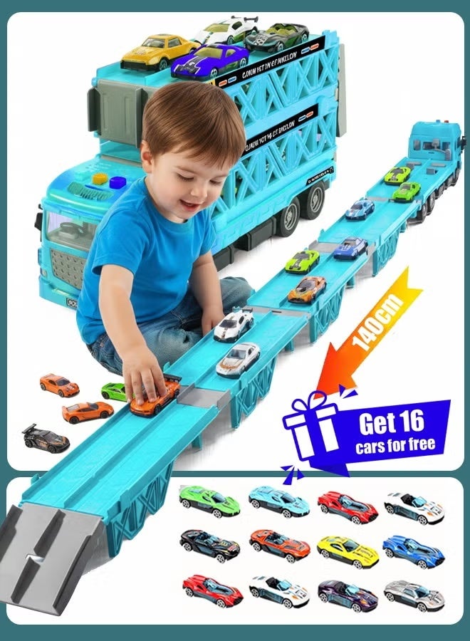 Race Car Track Toy Truck Toy with Slots & Foldable Race Tracks Transport Car Carrier Toy for Toddlers Cars Toy Set Container Truck Toy with 16 Alloy Cars Vehicles Toy Set for 3+ Kids Boys Girls - Image 1