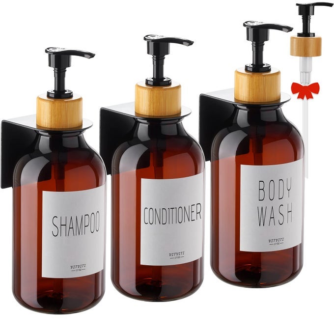 SHAMPOO AND CONDITIONER DISPENSER BODY WASH SHOWER SOAP DISPENSER WALL MOUNTED 3 CHAMBER DRILL FREE 17OZ PLASTIC SHOWER BOTTLES FOR BATHROOM BROWN 3 SETS