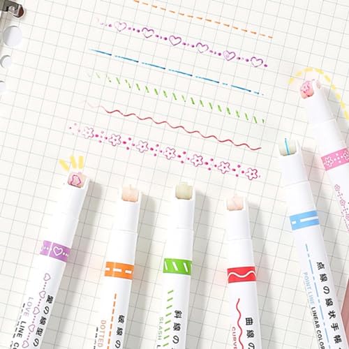 SHAKTISM Curve Highlighter Pen Set, 6 Different Curve Shapes Dual Tip Pens, Cute Pattern Colorful Curve Highlighter Pen Writing Markers, for Writing, Drawing - Image 3