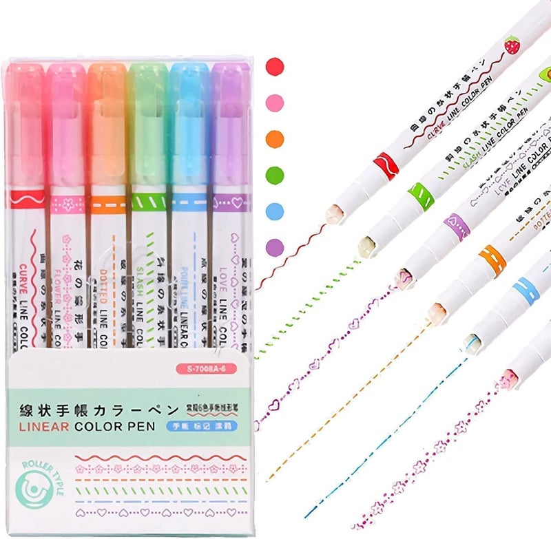 SHAKTISM Curve Highlighter Pen Set, 6 Different Curve Shapes Dual Tip Pens, Cute Pattern Colorful Curve Highlighter Pen Writing Markers, for Writing, Drawing - Image 1