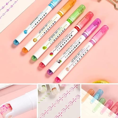 SHAKTISM Curve Highlighter Pen Set, 6 Different Curve Shapes Dual Tip Pens, Cute Pattern Colorful Curve Highlighter Pen Writing Markers, for Writing, Drawing - Image 2