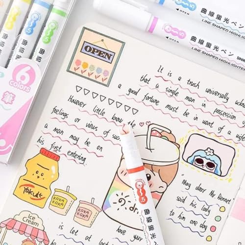 SHAKTISM Curve Highlighter Pen Set, 6 Different Curve Shapes Dual Tip Pens, Cute Pattern Colorful Curve Highlighter Pen Writing Markers, for Writing, Drawing - Image 4