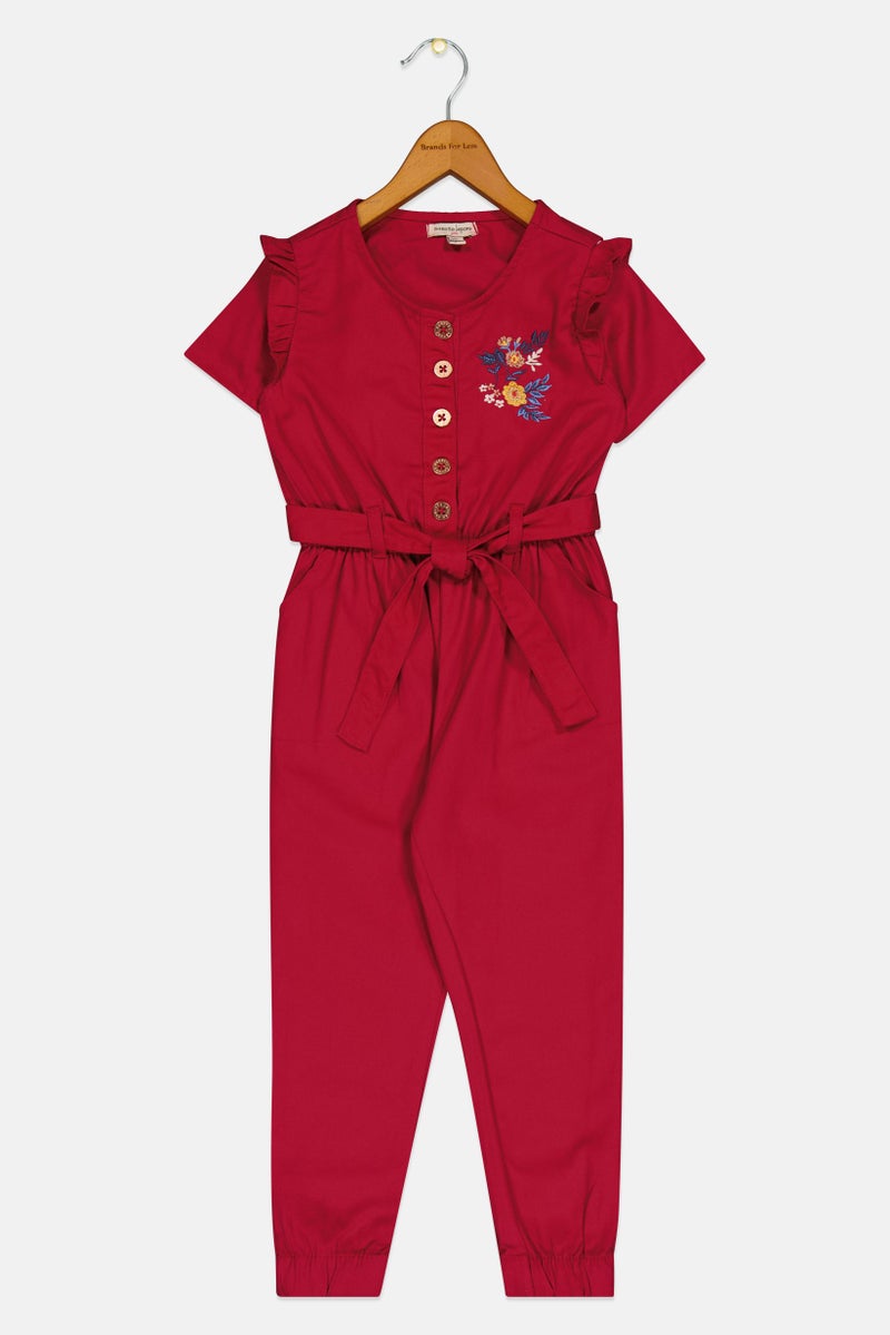 Nanette lepore Toddlers Girl Embroidered Short Sleeve Jumpsuit, Burgundy - Image 3