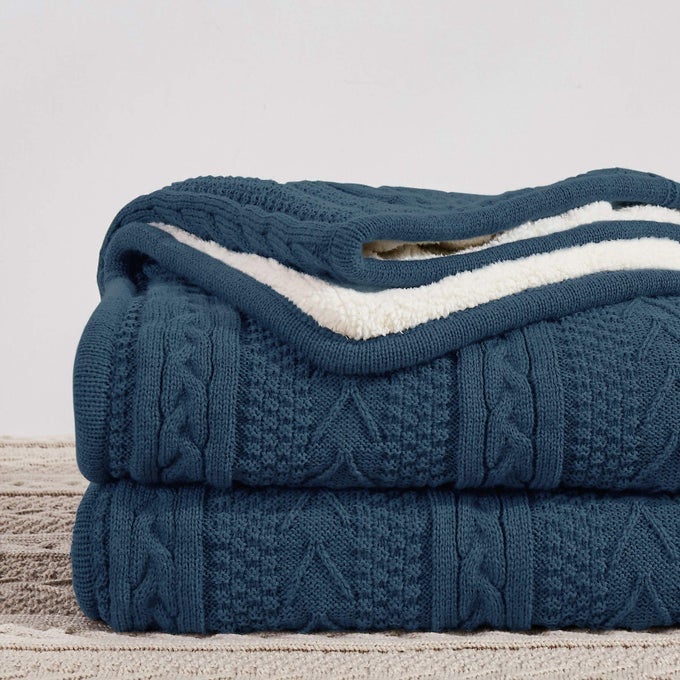 ACRYLIC CABLE KNIT SHERPA THROW BLANKET THICK SOFT BIG COZY GREY BLUE KNITTED FLEECE BLANKETS FOR COUCH SOFA BED LARGE 50 X 63 INCHES GRAY BLUE COVERLET ALL SEASON