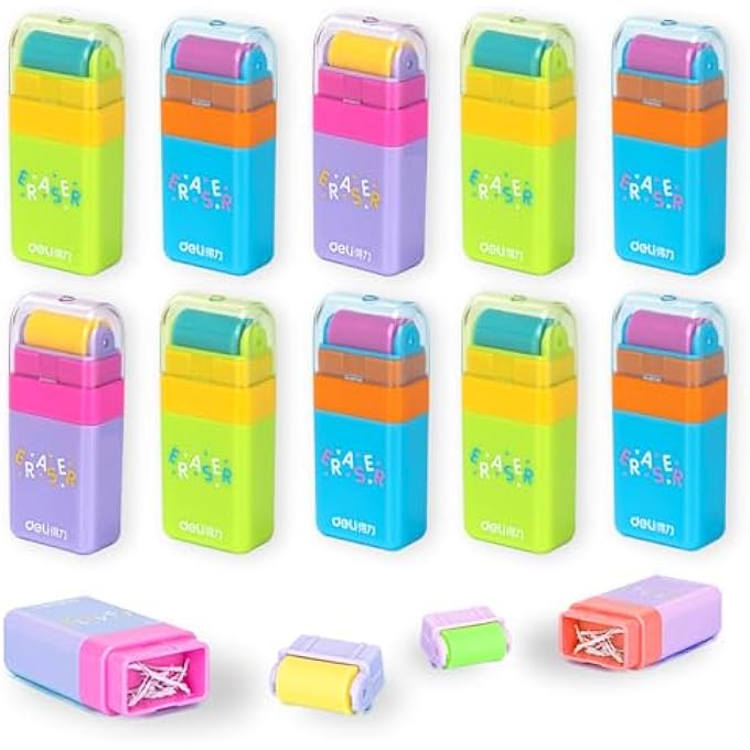 Deli 12 PCS ROLLER ERASERS CUTE PENCIL ERASERS SHAVING ROLLER CASE FOR EASY PICK UP AND REMOVAL,ANIMAL THEMED FUN PARTY FAVOR AND SCHOOL SUPPLIES BACK TO SCHOOL GIFT - Image 2
