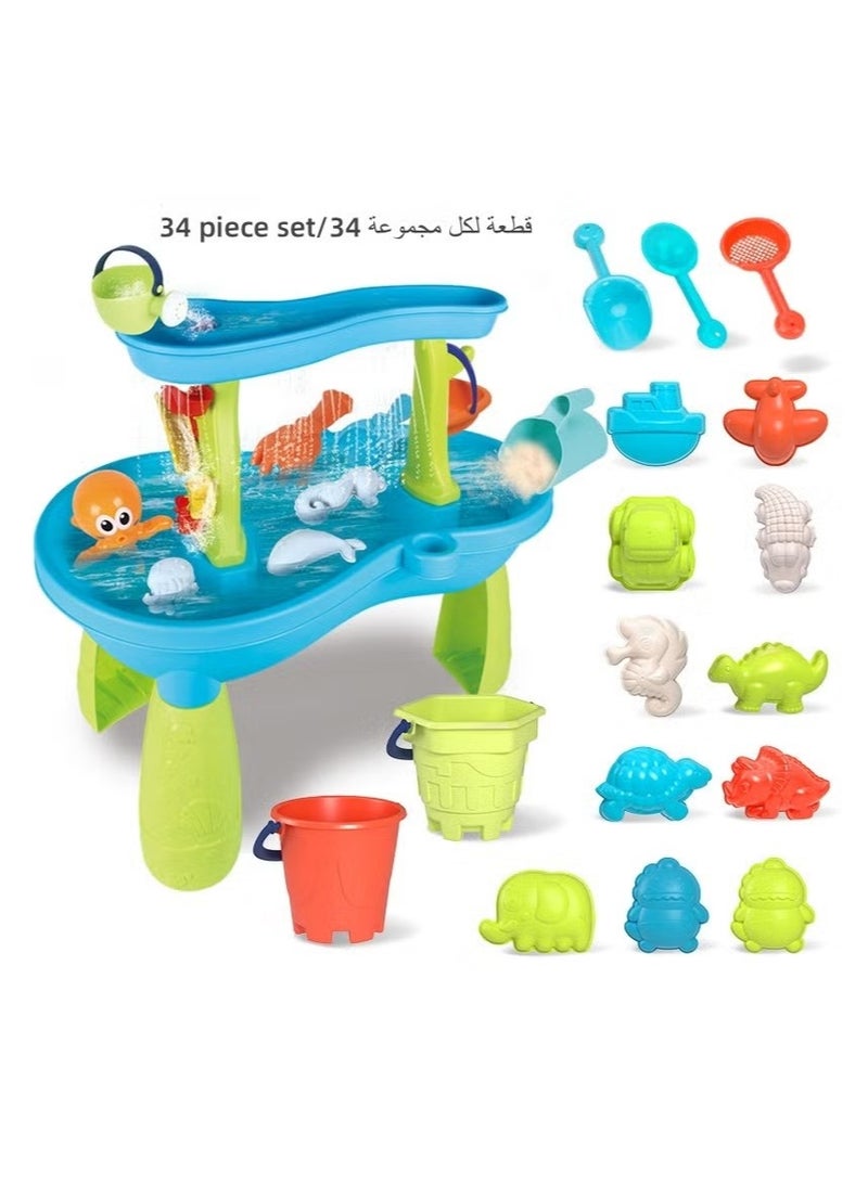 XICEN 2-Tier Water Table & Sand Table for Kids, 34PCS Beach Toys Includes Bucket & Sand Shovel, Outdoor Activity Table for Boys Girls, Play Tables for Outside Backyard - Image 1