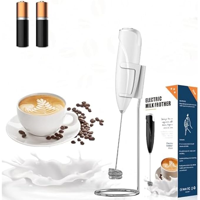 ريحني خفاقة حليب يدوية لتحضير رغوة القهوة، خفاقة كهربائية لتحضير لاتيه، كابتشينو، فرابيه، ماتشا، شوكولاتة ساخنة، خلاط بيض يدوي متعدد الأغراض، أبيض - Image 1